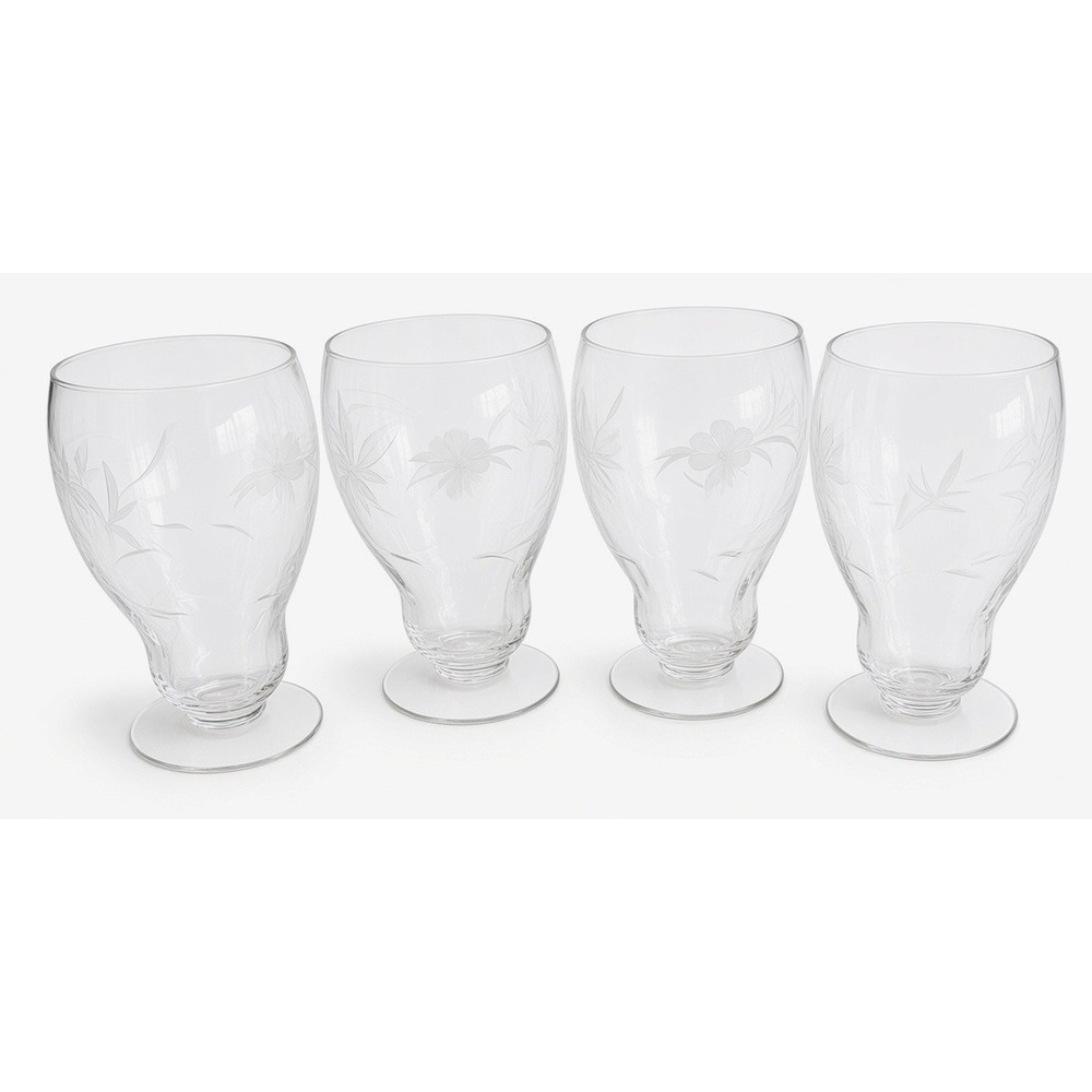 Vintage Iced Tea / Water Glasses Goblet Etched, 5.25" Tall, 12 Ounce, Set of 4